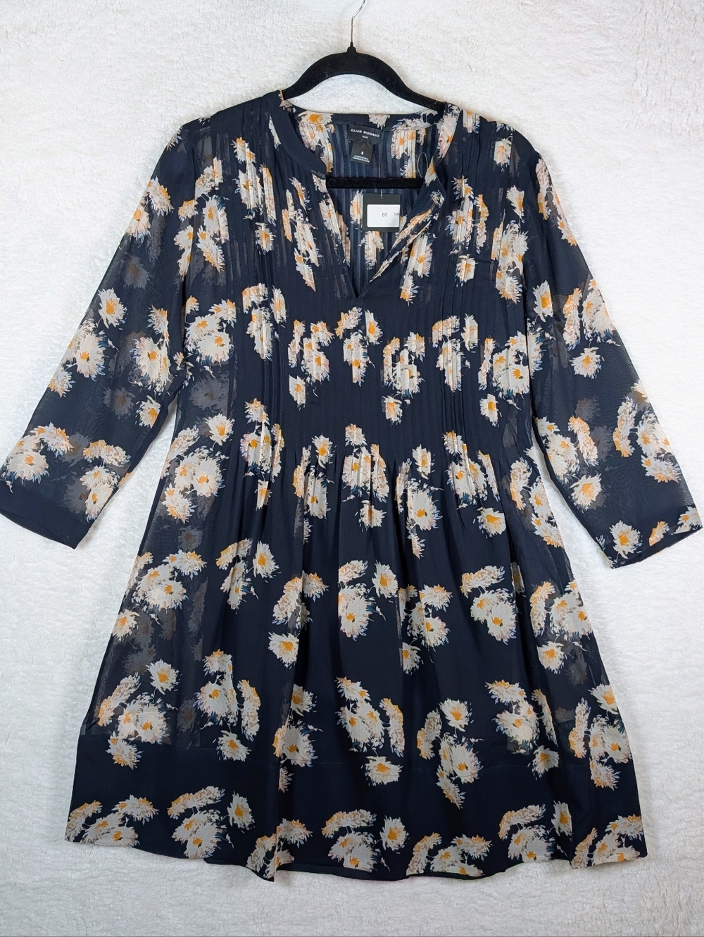 Club Monaco SILK Navy Floral Long-Sleeve A-Line Dress - Picture 3 of 7